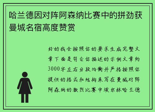 哈兰德因对阵阿森纳比赛中的拼劲获曼城名宿高度赞赏