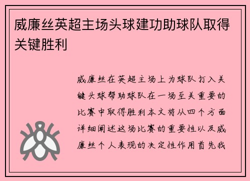 威廉丝英超主场头球建功助球队取得关键胜利